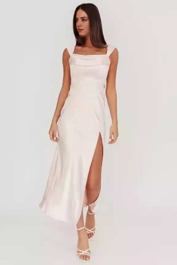 Charming satin ultra long unlined off shoulder low waist V-shaped back with front slit and hidden zipper on the back Bridesmaid Dresses