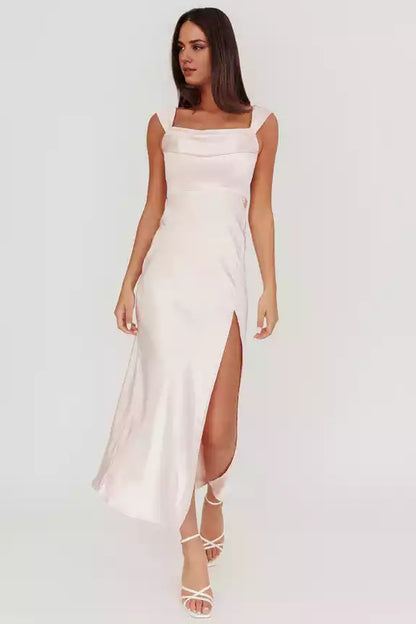 Charming satin ultra long unlined off shoulder low waist V-shaped back with front slit and hidden zipper on the back Bridesmaid Dresses