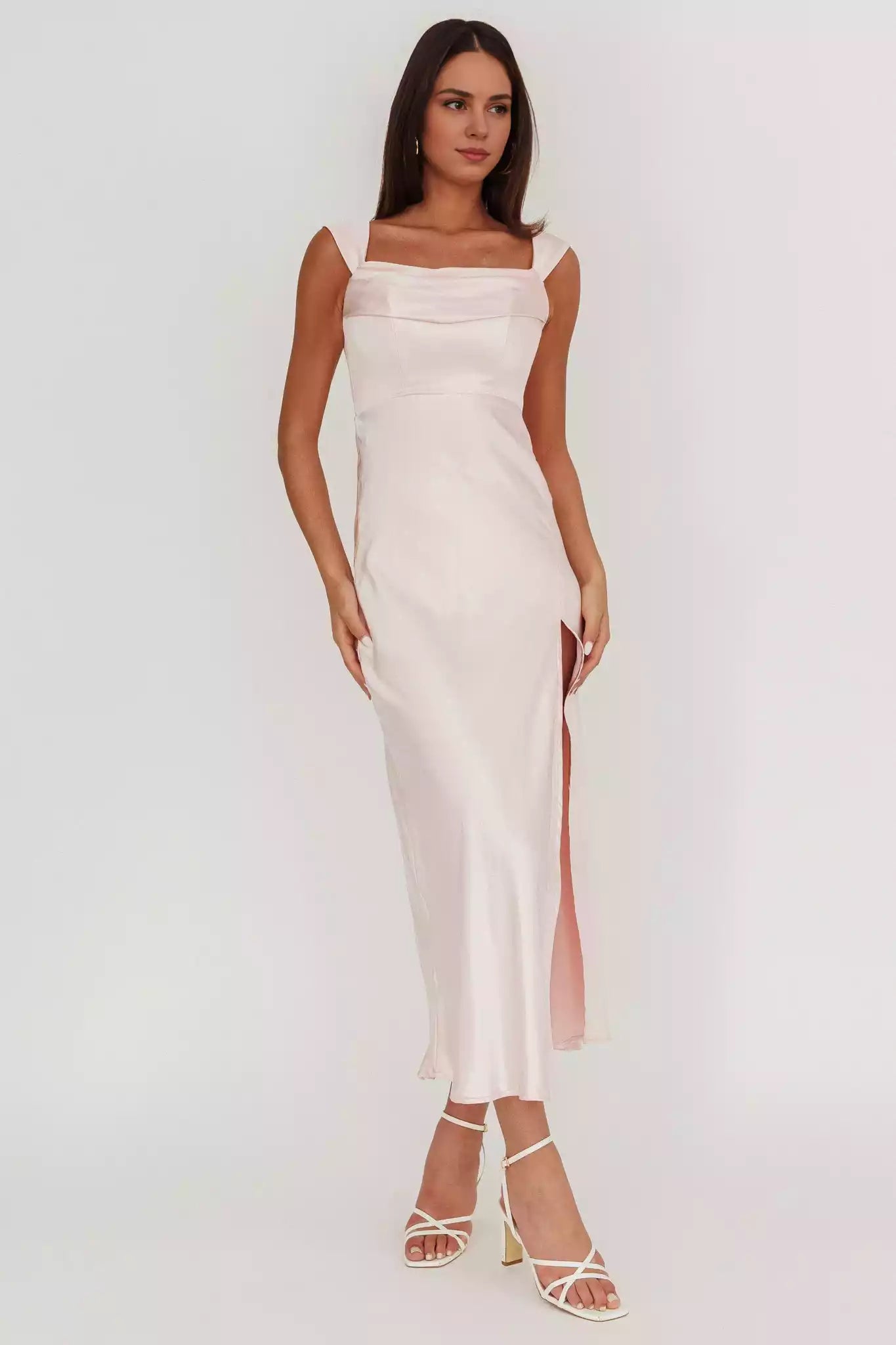 Charming satin ultra long unlined off shoulder low waist V-shaped back with front slit and hidden zipper on the back Bridesmaid Dresses