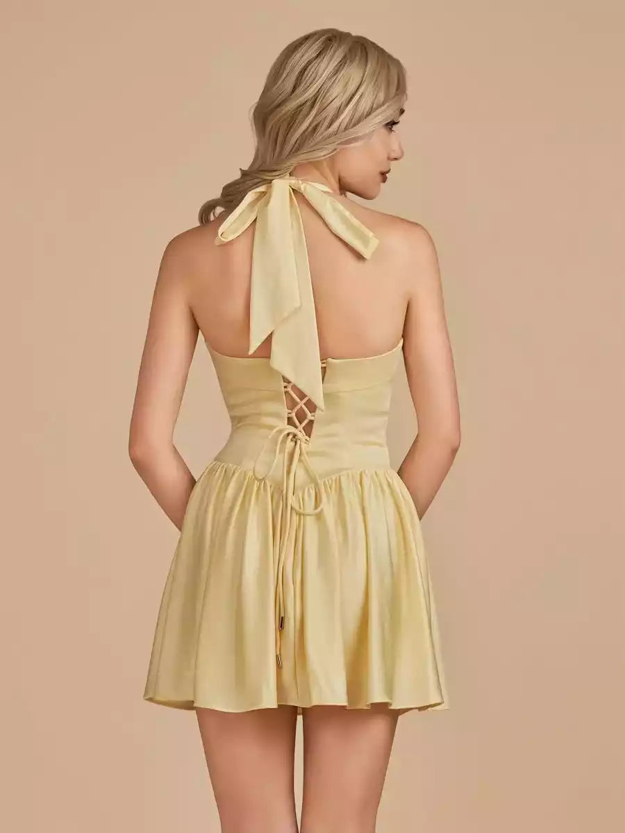 Charming short satin backless sleeveless lace up back Homecoming Dresses