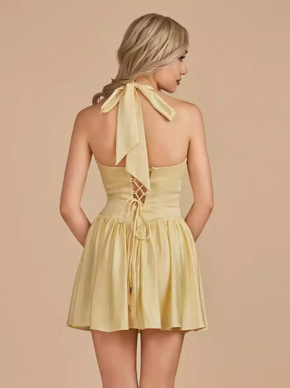 Charming short satin backless sleeveless lace up back Homecoming Dresses