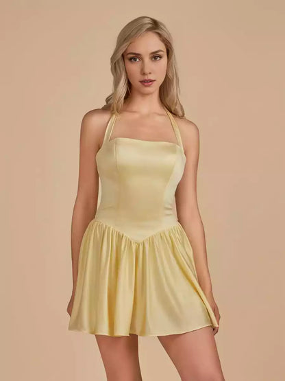 Charming short satin backless sleeveless lace up back Homecoming Dresses