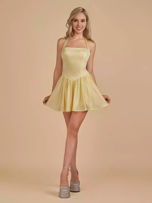 Charming short satin backless sleeveless lace up back Homecoming Dresses