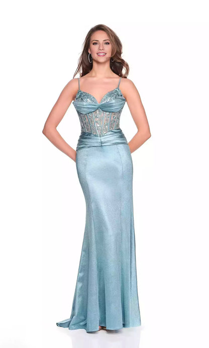 Charming sleeveless long see through corset with pleats, thin shoulder straps, exposed back, and satin floor for slim fit Prom Dresses