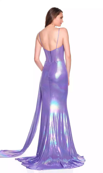 Charming sleeveless long slim shoulder strap corset with hanging collar, exposed back, and floor hugging Prom Dresses