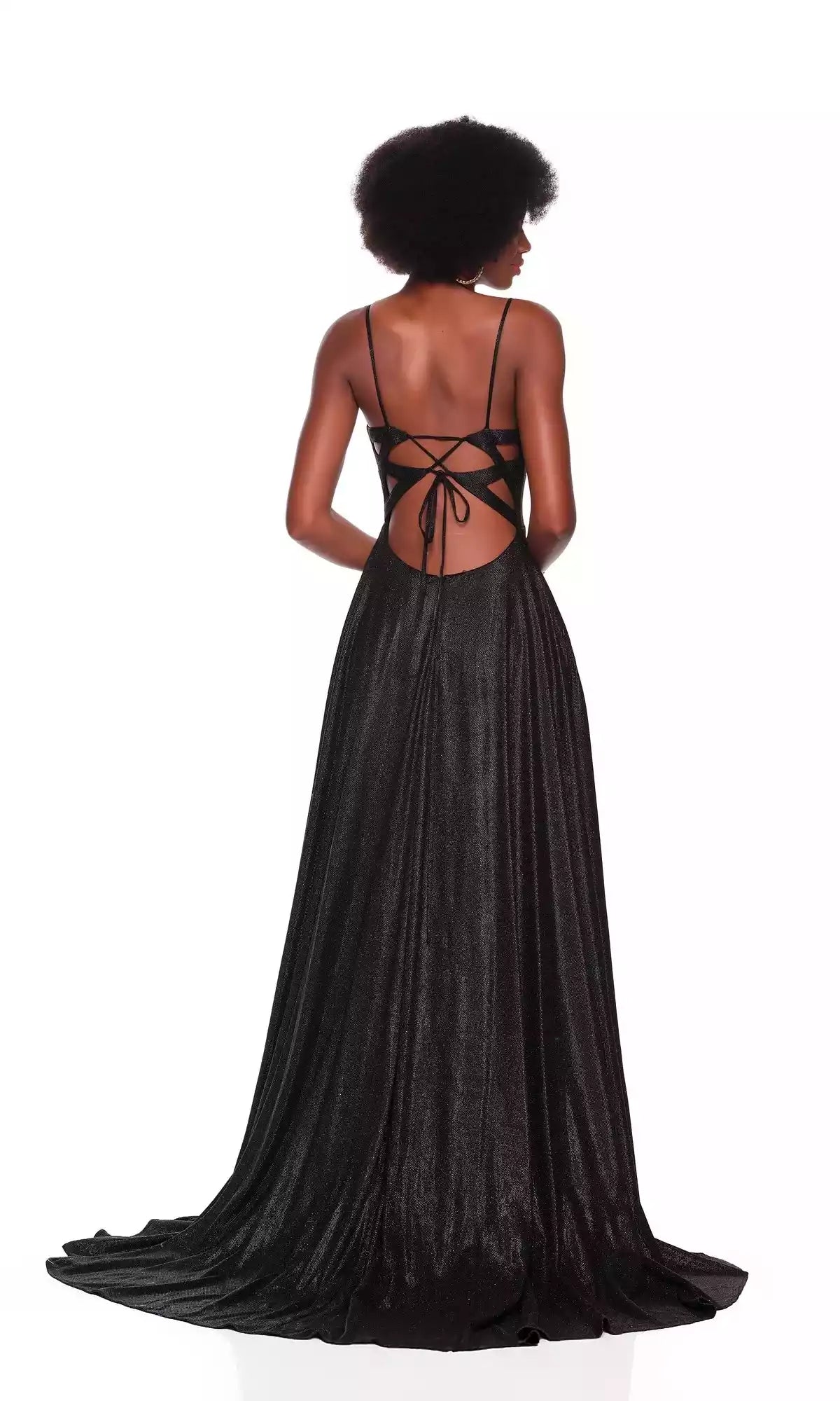 Charming sleeveless slim fit corset with low V-neck, thin shoulder straps, exposed back straps, and floor A-line high slit Prom Dresses