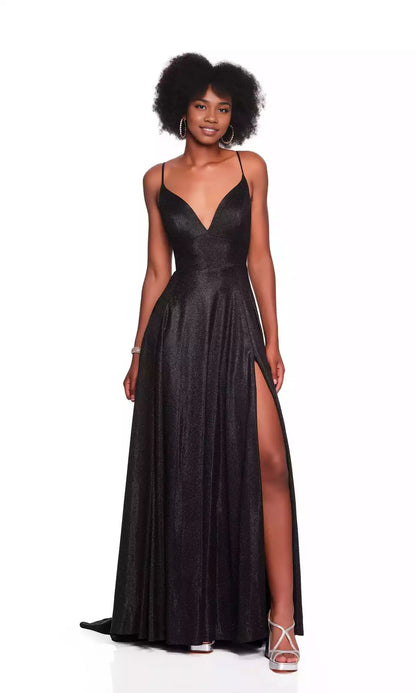 Charming sleeveless slim fit corset with low V-neck, thin shoulder straps, exposed back straps, and floor A-line high slit Prom Dresses