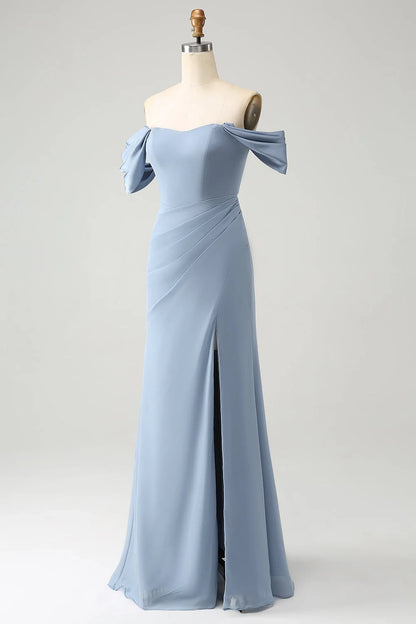 Charming slim fit off shoulder chiffon slit long bridesmaid dress