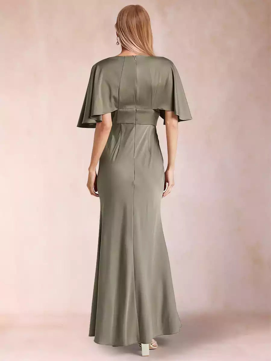 Charming slim fit/straight V-neck short sleeved silk satin side slit Mother of the Bride Dresses