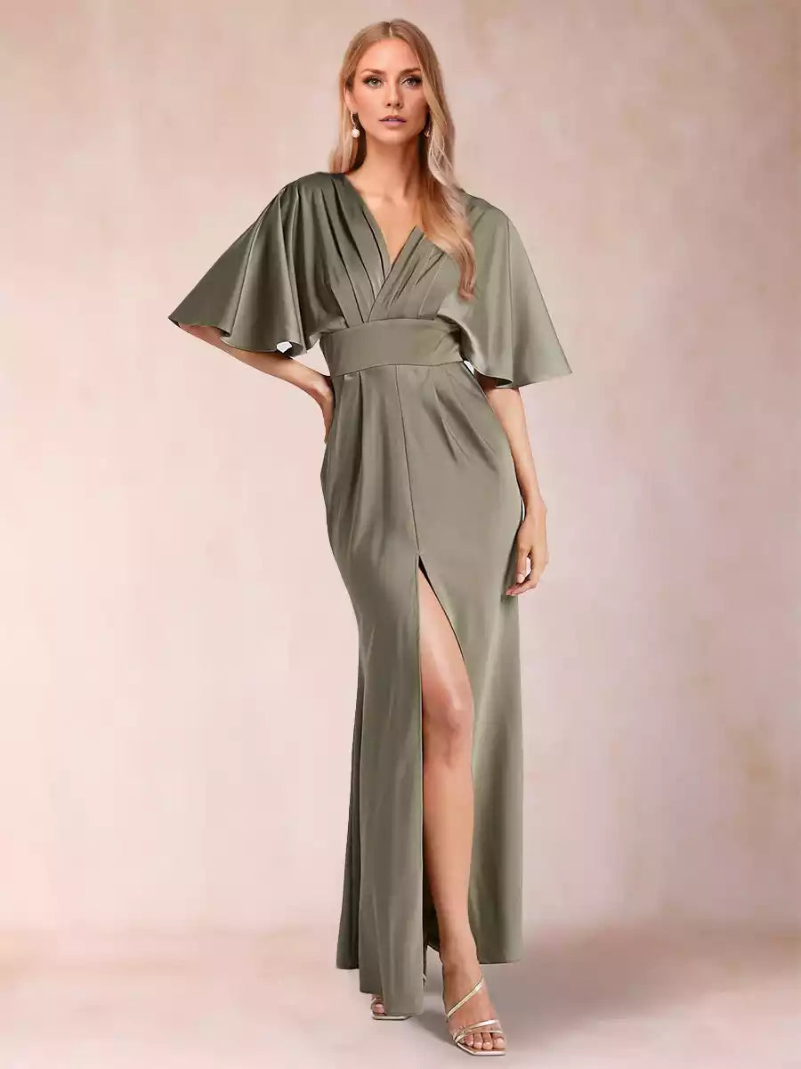 Charming slim fit/straight V-neck short sleeved silk satin side slit Mother of the Bride Dresses