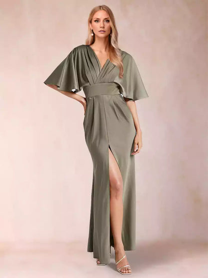 Charming slim fit/straight V-neck short sleeved silk satin side slit Mother of the Bride Dresses