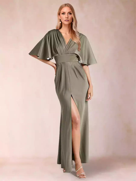 Charming slim fit/straight V-neck short sleeved silk satin side slit Mother of the Bride Dresses