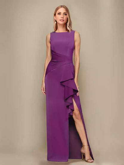 Charming slim fit/straight round neck ruffle side length design with side slits by Mother of the Bride Dresses