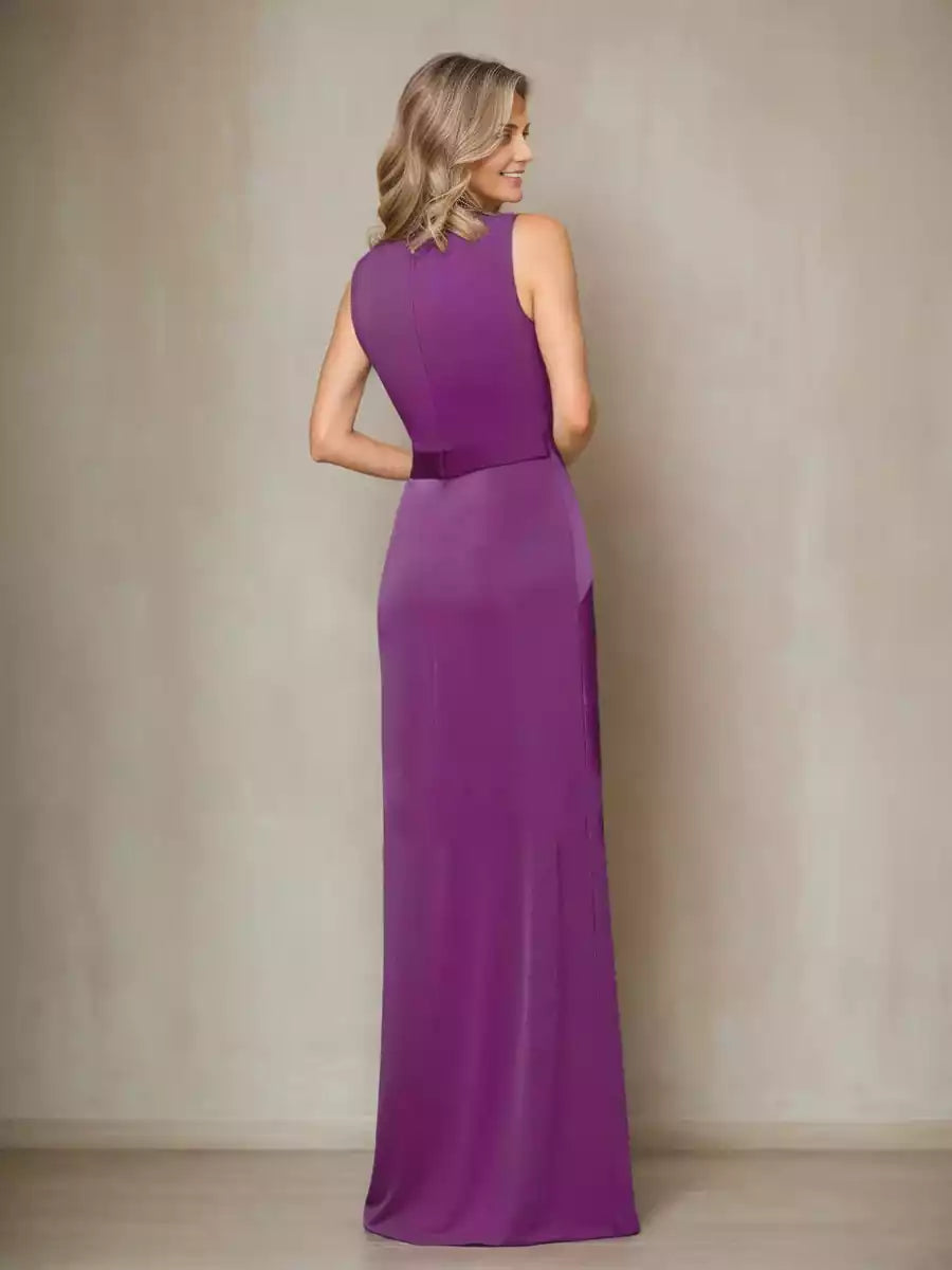 Charming slim fit/straight round neck ruffle side length design with side slits by Mother of the Bride Dresses
