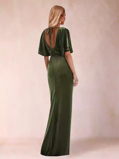 Charming slim fit/straight round neck short sleeved shirt with side slit and ruffle edge Mother of the Bride Dresses