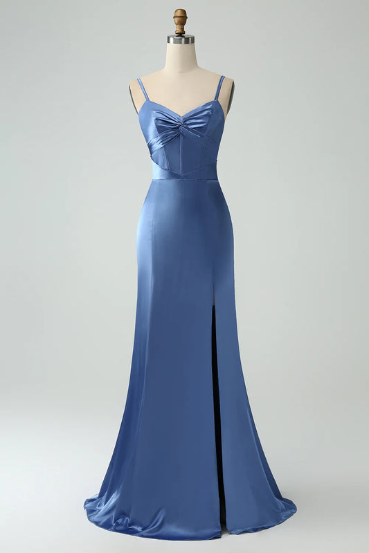 Charming slim mermaid slim shoulder strap lace up back slit bridesmaid dress