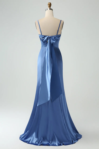 Charming slim mermaid slim shoulder strap lace up back slit bridesmaid dress