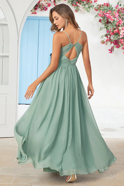 Charming slim shoulder strap tied long back cross bridesmaid dress
