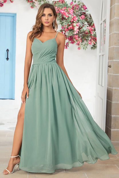 Charming slim shoulder strap tied long back cross bridesmaid dress