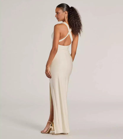 Charming smooth knit V-neck backless strap with high side seams for a tight silhouette and floor Prom Dresses