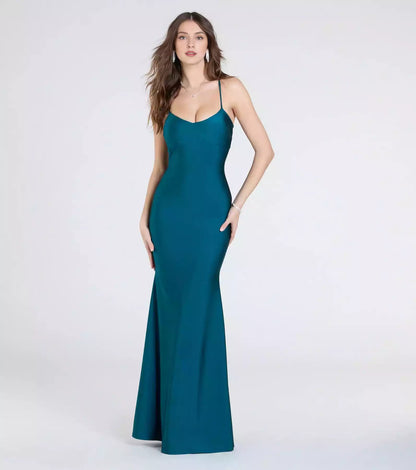 Charming smooth knit V-neck slim shoulder strap backless lace up mermaid and floor Prom Dresses