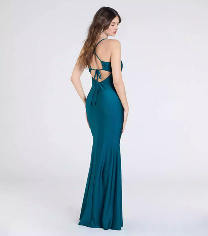 Charming smooth knit V-neck slim shoulder strap backless lace up mermaid and floor Prom Dresses