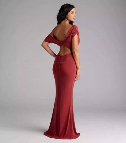 Charming smooth knit off shoulder neckline mermaid silhouette and Prom Dresses