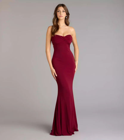 Charming smooth knit strapless heart-shaped neckline twisted corset with hollowed out back featuring mermaid and floor Prom Dresses