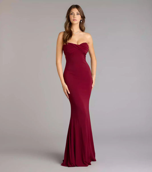 Charming smooth knit strapless heart-shaped neckline twisted corset with hollowed out back featuring mermaid and floor Prom Dresses