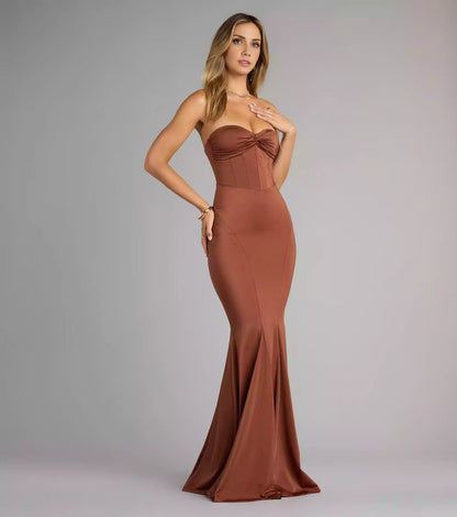 Charming smooth knit strapless heart-shaped twisted neckline tight corset mermaid silhouette Prom Dresses