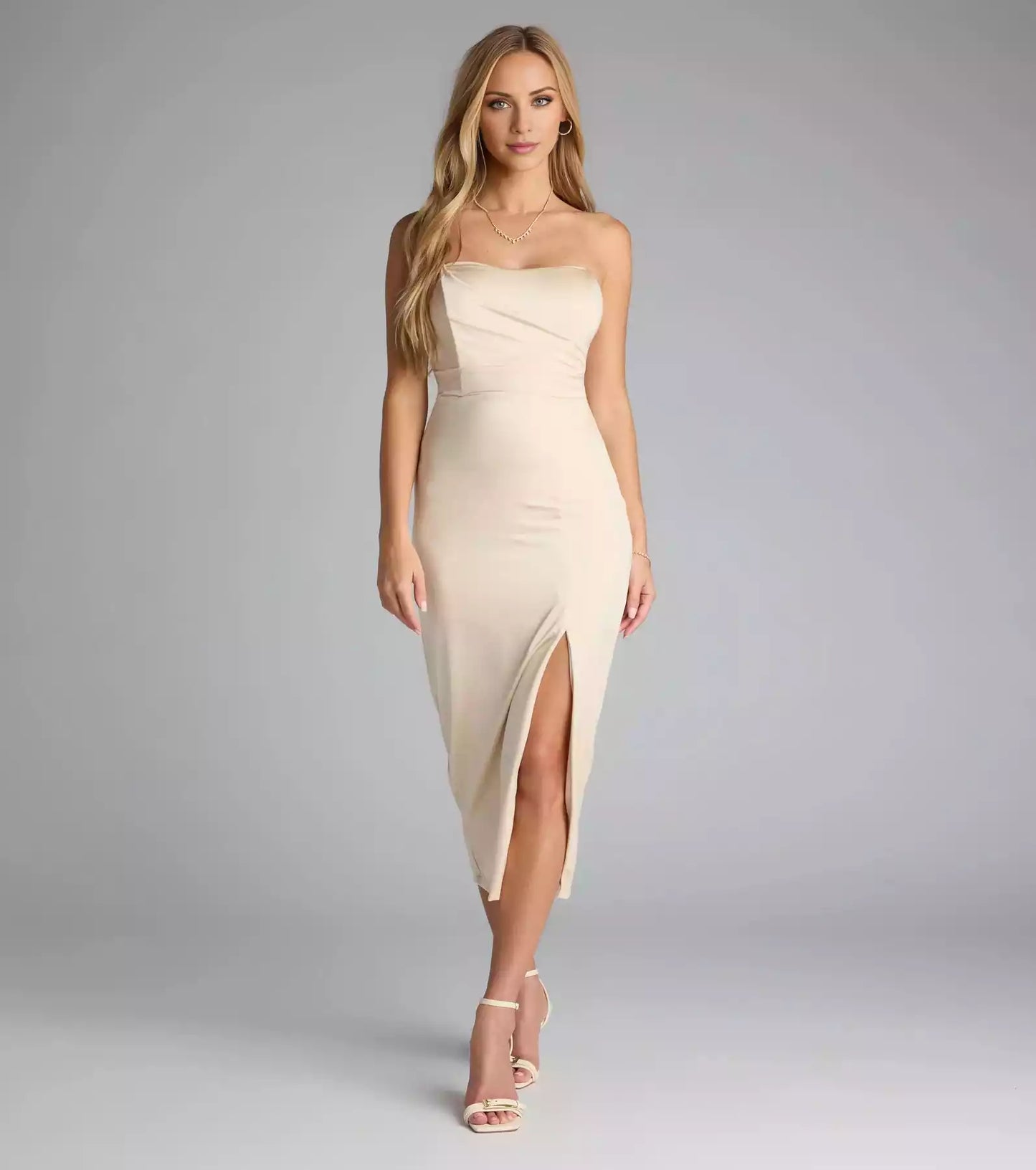 Charming soft knit lining strapless collar back zipper front slit slim fit Prom Dresses