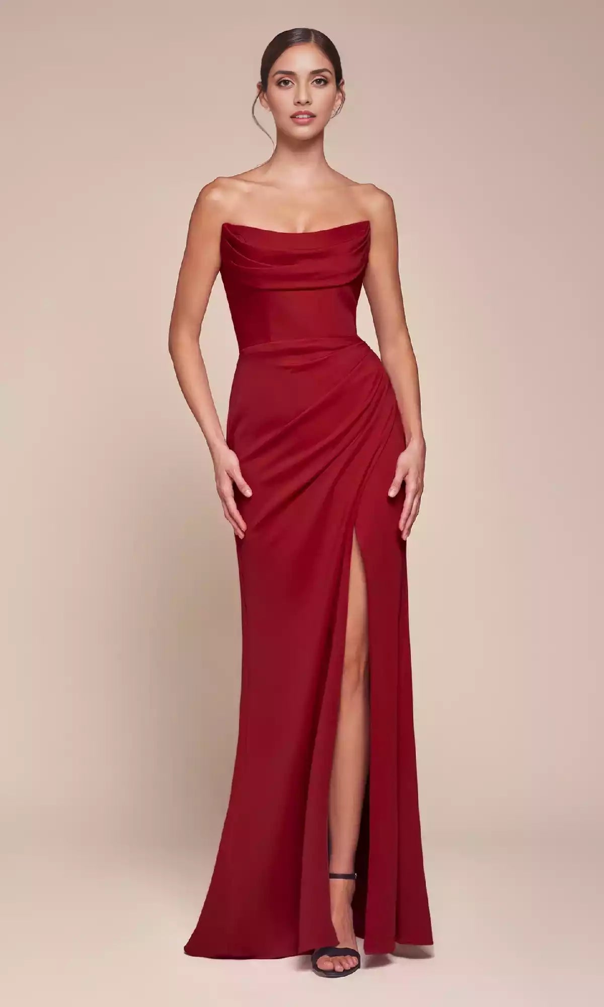 Charming strapless long pleated neckline with side pleats and high slits showcasing modern elegance Prom Dresses