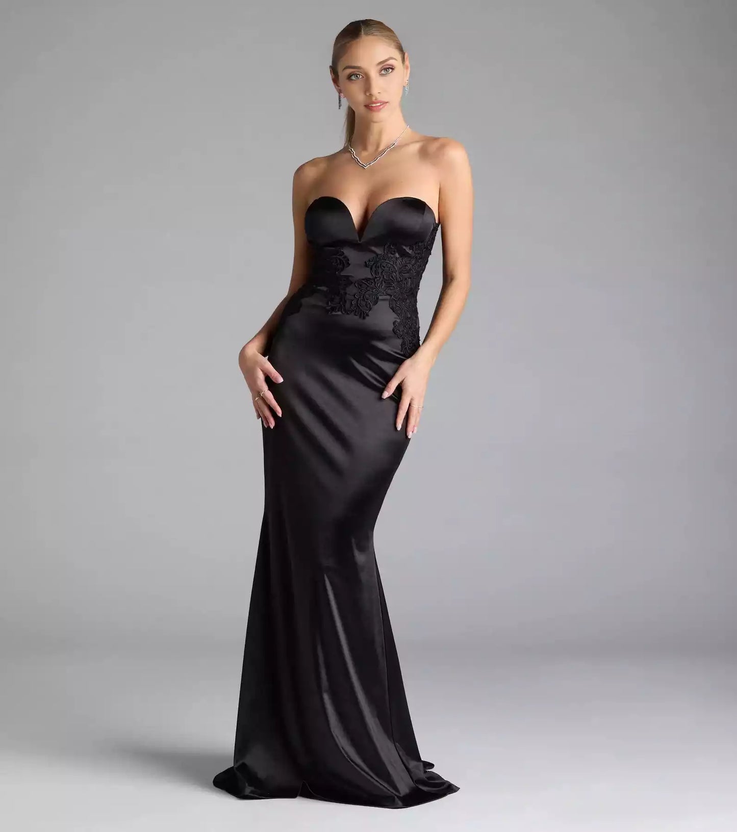 Charming stretch satin chest knit strapless heart-shaped neckline mermaid and floor Prom Dresses