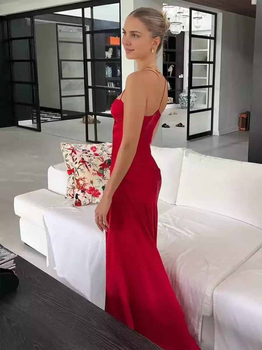 Charming thin shoulder strap satin high slit sleeveless thin shoulder strap zipper back Prom Dresses