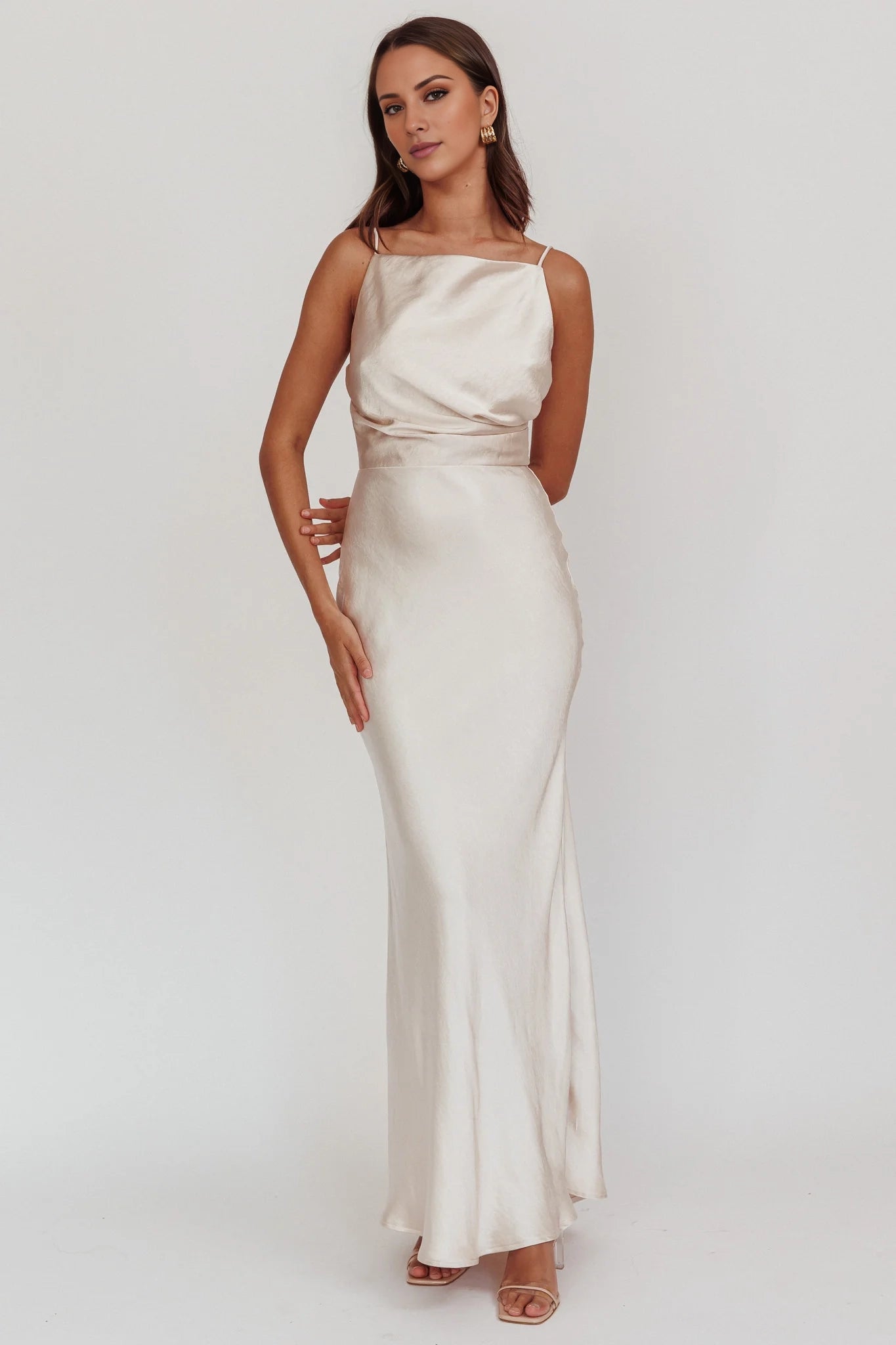 Charming thin shoulder strap satin with extra long pleat details hidden back zipper bridesmaid dress