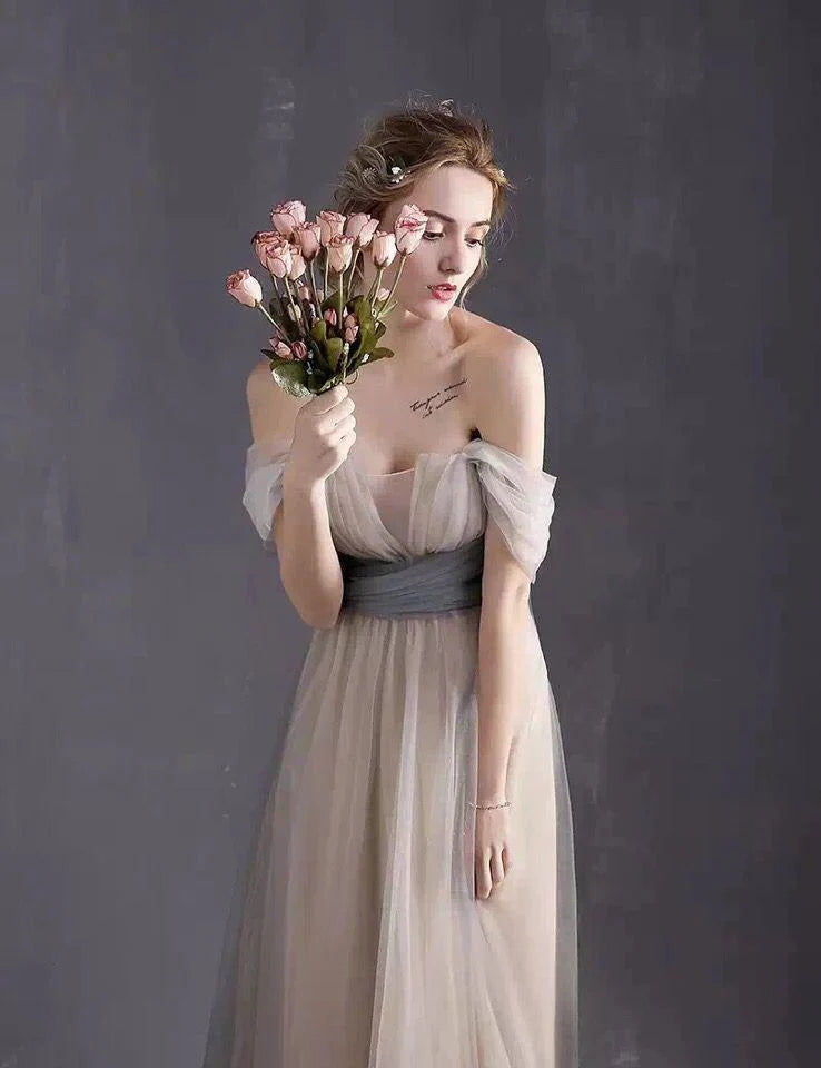 A-line sexy off the shoulder simple silver sweetheart sheer backless dress