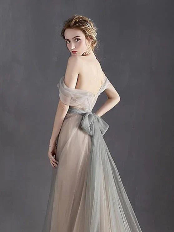A-line sexy off the shoulder simple silver sweetheart sheer backless dress