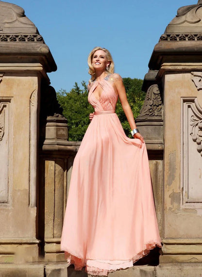 A-line sleeveless coral chiffon ball gown with high neck and halter sleeves