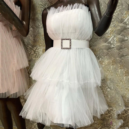 Elegant return to school dress paired with ruffled strapless chiffon cocktail dress