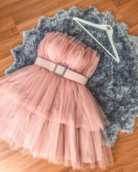 Elegant return to school dress paired with ruffled strapless chiffon cocktail dress