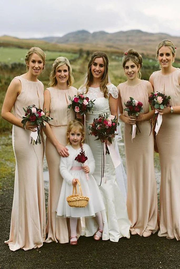 Skirt column chiffon blush pink sleeveless backless long bridesmaid dress