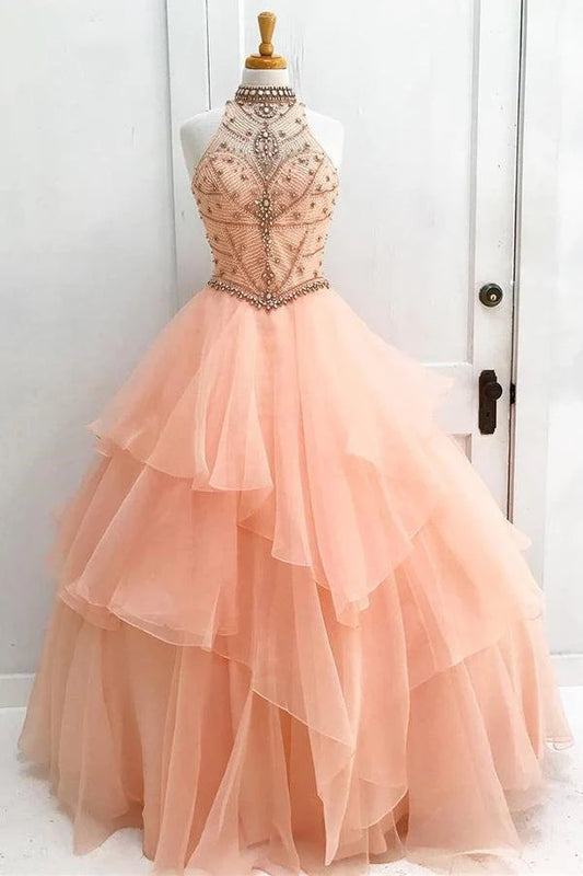 Unique backless sleeveless pearl pink beaded sheer modern long ball dress