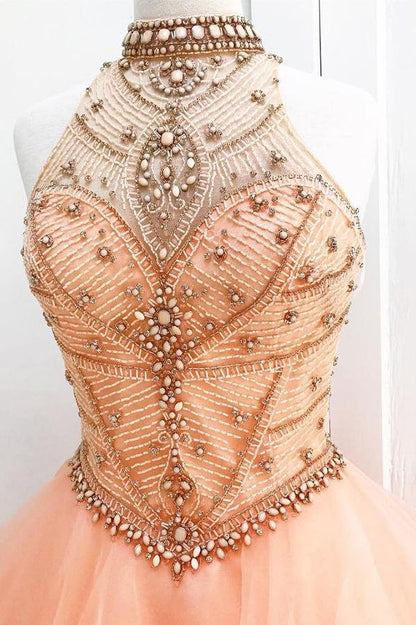 Unique backless sleeveless pearl pink beaded sheer modern long ball dress