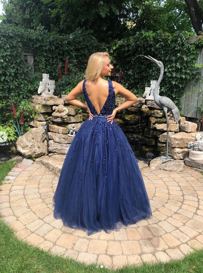 Unique A-line back strap sheer ball dress with V-neck lace