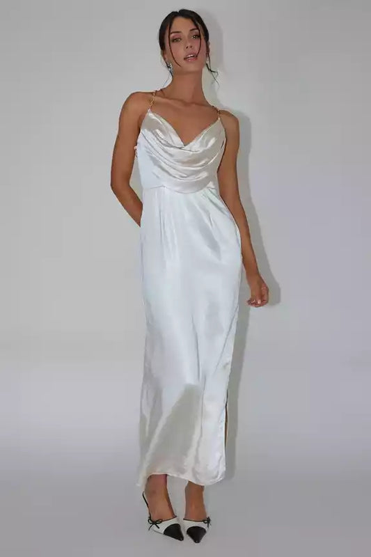 Chic mid length lined scarf, collar, chain shoulder straps, side slit, back with zipper Bridesmaid Dresses