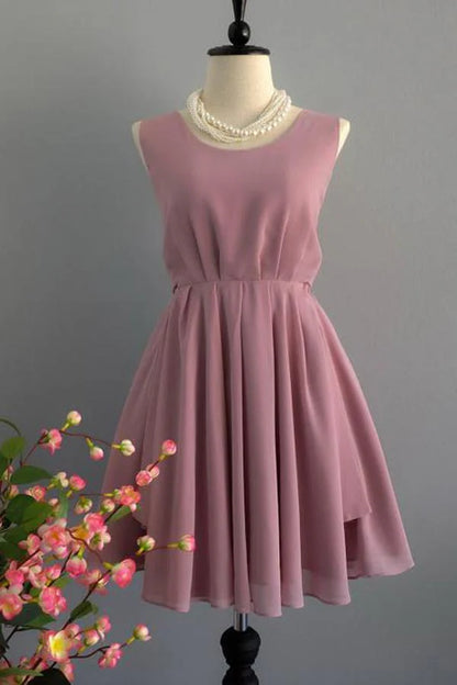 Chiffon Grey Rose Backless A-line Back to School Round Neck Short Bridesmaid Dress