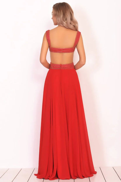 Chiffon shoulder strap beaded body A-line backless formal dress