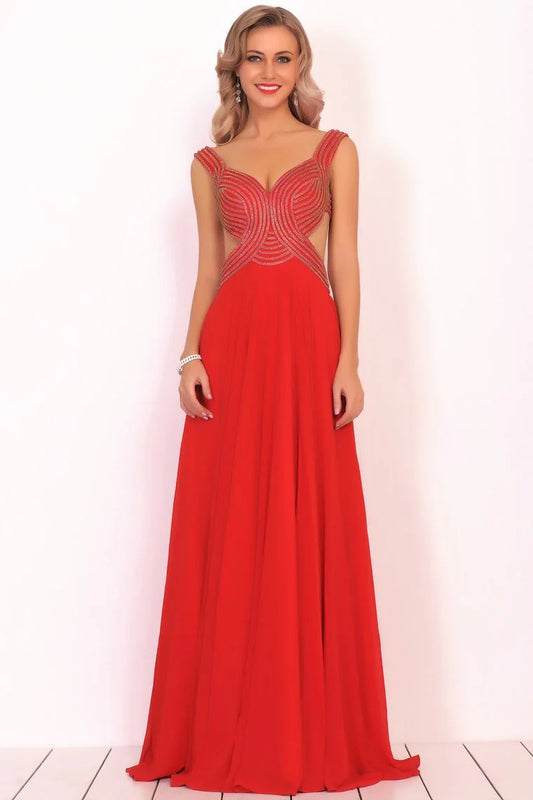 Chiffon shoulder strap beaded body A-line backless formal dress