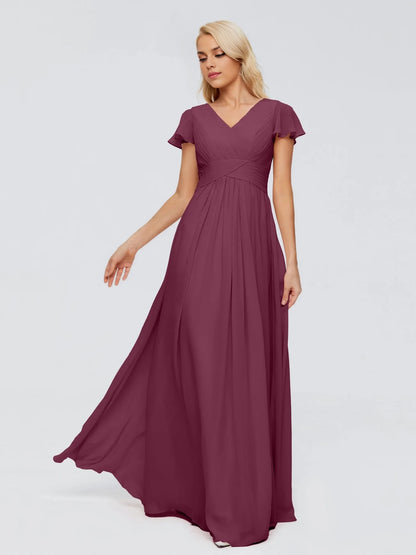 Classic A-line V-neck pleated slim fit short sleeved long bride and mother dress