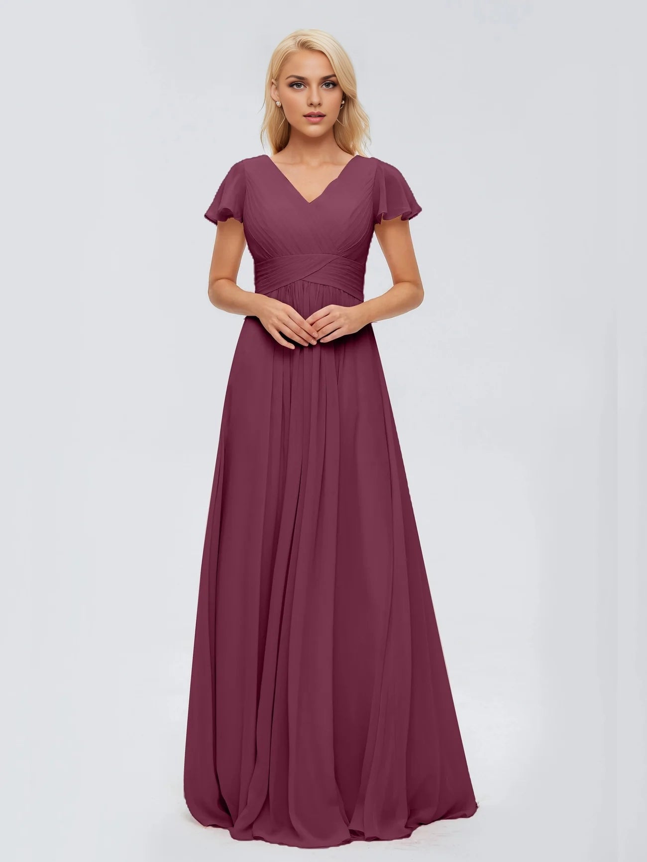 Classic A-line V-neck pleated slim fit short sleeved long bride and mother dress